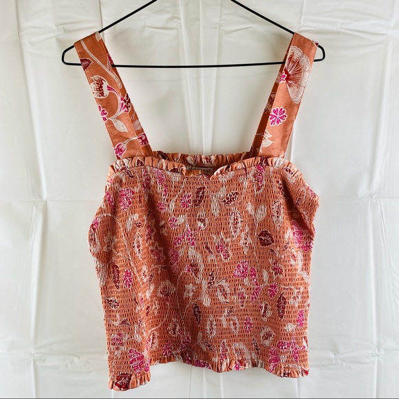 Witchery Pink Floral Shirred Frill Trim Square Neckline Cropped Tank Top Size XL - Picture 12 of 14